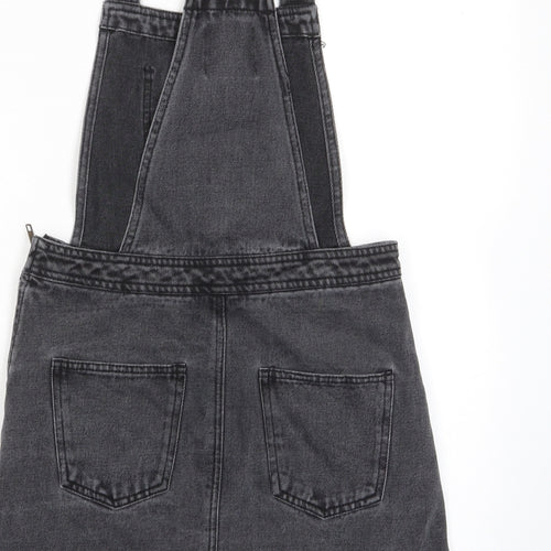 Denim & Co. Womens Grey Cotton Pinafore/Dungaree Dress Size 10 Square Neck Zip - Pockets, Zips