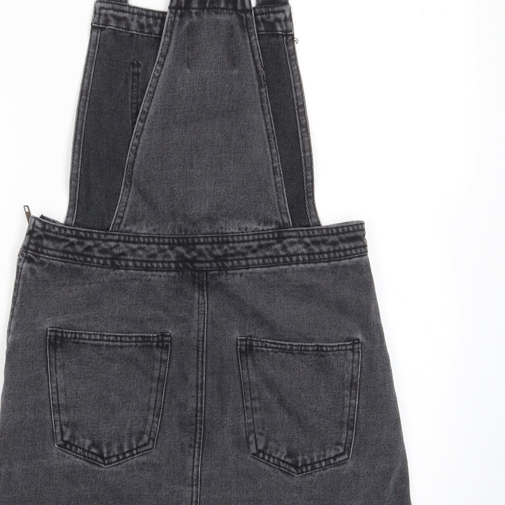Denim & Co. Womens Grey Cotton Pinafore/Dungaree Dress Size 10 Square Neck Zip - Pockets, Zips