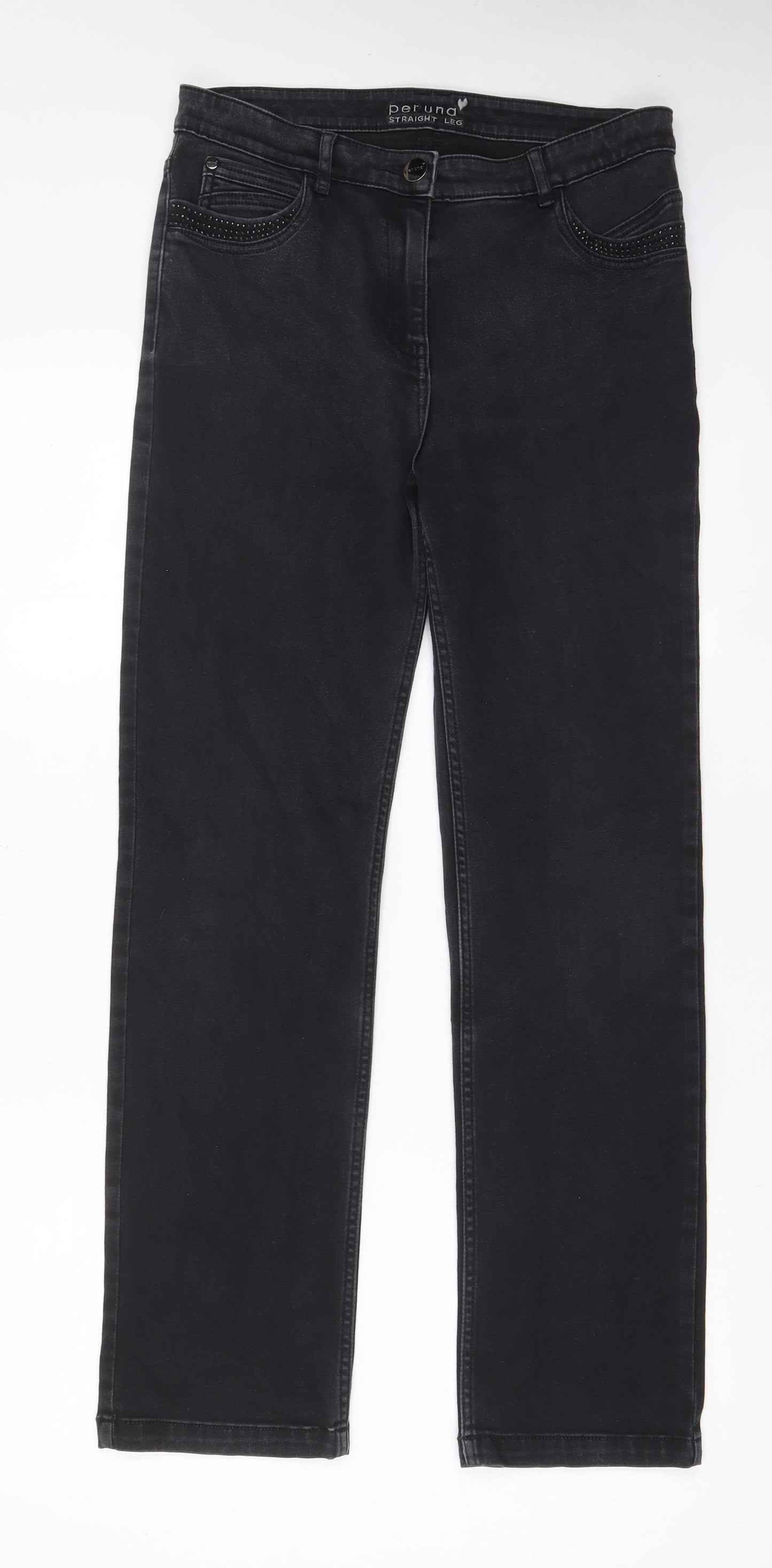 Per Una Womens Black Cotton Straight Jeans Size 12 L29 in Regular Zip - Pockets, Belt Loops, Studs