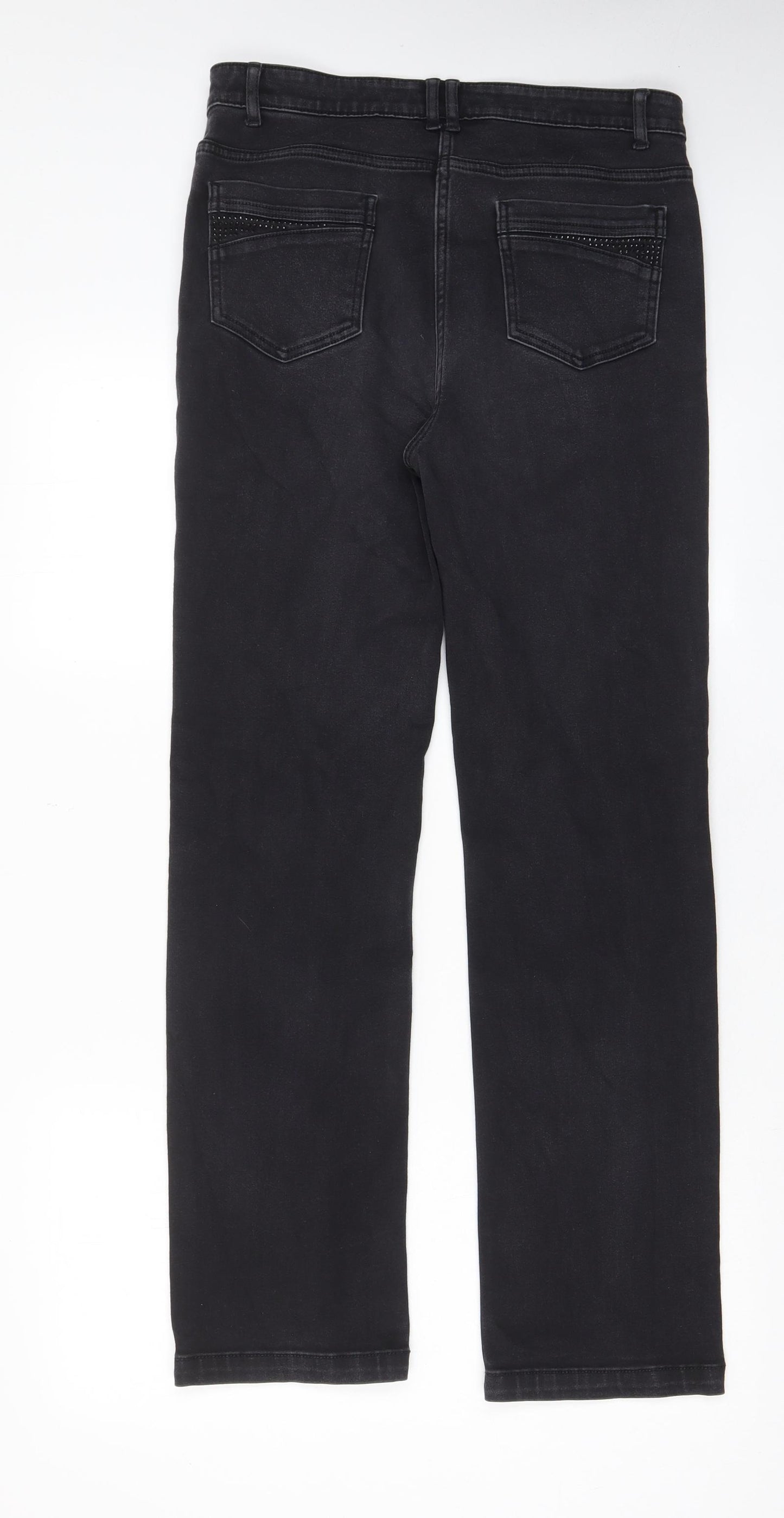 Per Una Womens Black Cotton Straight Jeans Size 12 L29 in Regular Zip - Pockets, Belt Loops, Studs