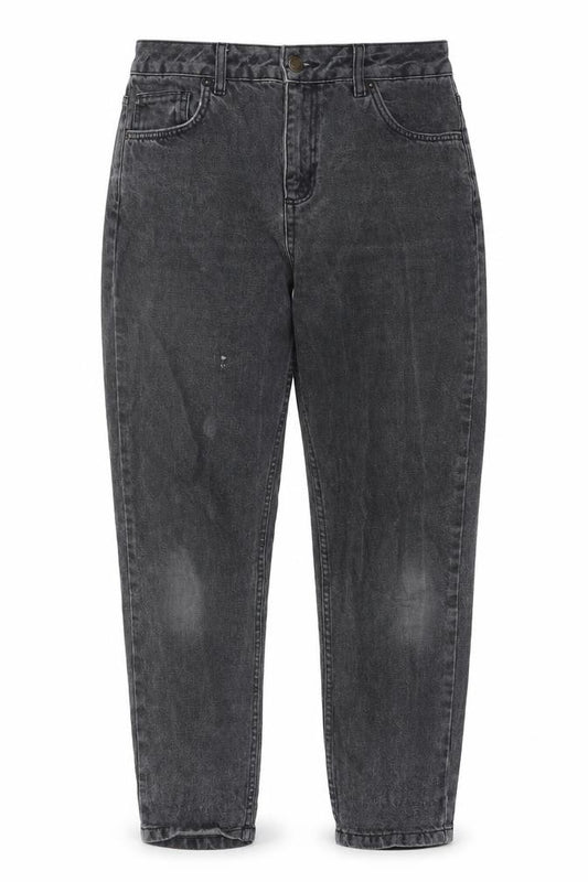 Front view of BDG women’s grey cotton mom jeans, size UK 29, in, 30-inch leg regular zip - pockets, belt loops