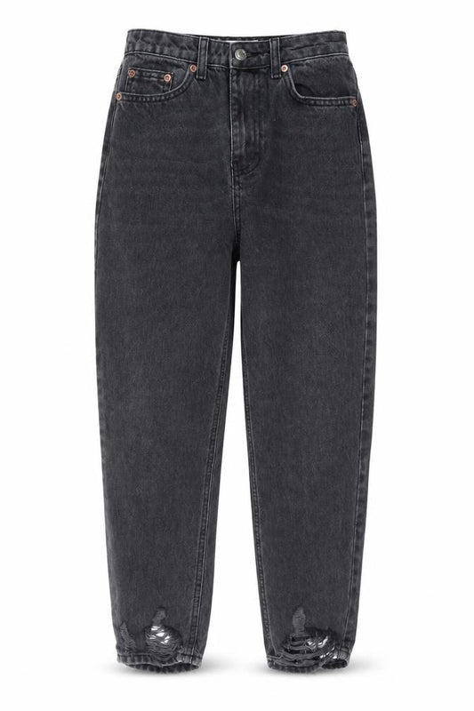 Front view of Topshop women’s grey cotton mom jeans, size UK 26, in, 30-inch leg regular zip - pockets, belt loops