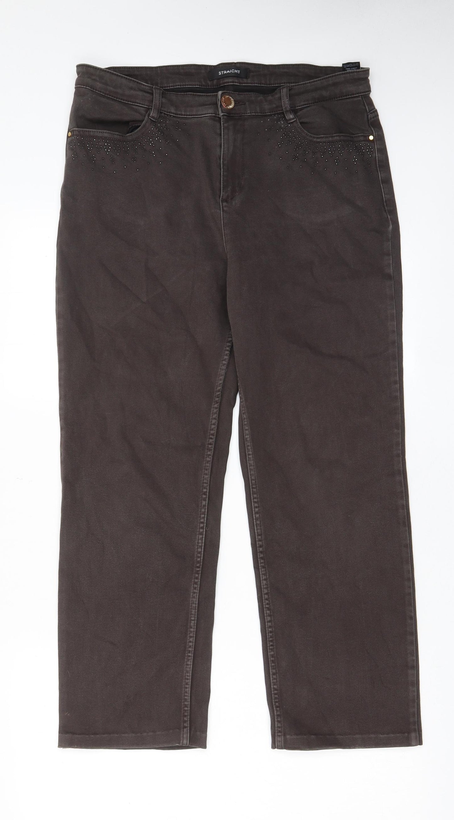 Marks and Spencer Womens Brown Cotton Straight Jeans Size 14 L25 in Regular Zip - Cropped, Pockets, Studs