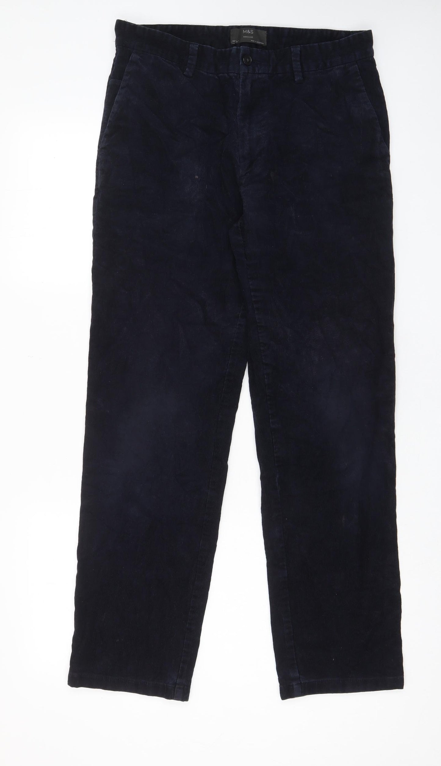 Marks and Spencer Mens Blue Cotton Trousers Size 32 in L31 in Regular Zip - Pockets, Belt Loops