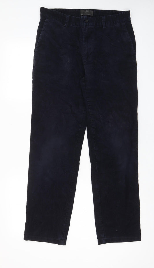 Marks and Spencer Mens Blue Cotton Trousers Size 32 in L31 in Regular Zip - Pockets, Belt Loops