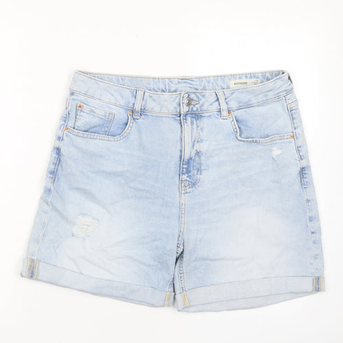 Marks and Spencer Womens Blue Cotton Bermuda Shorts Size 14 L4 in Regular Zip - Distressed, Pockets, Belt Loops