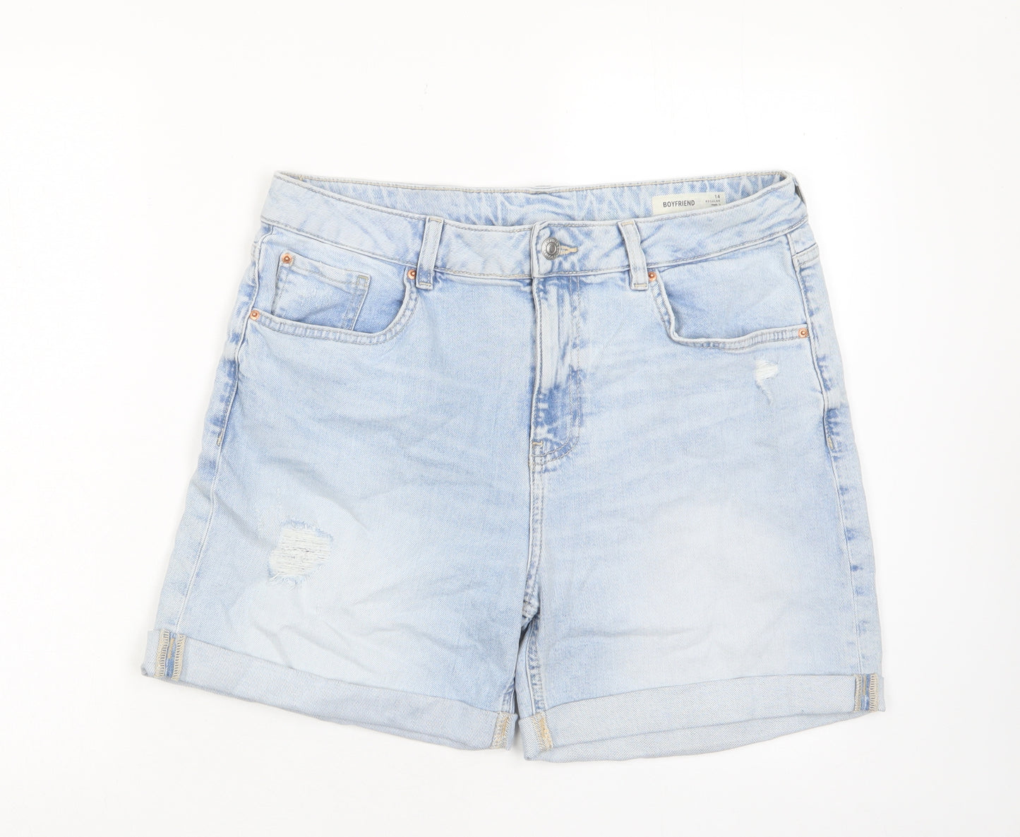 Marks and Spencer Womens Blue Cotton Bermuda Shorts Size 14 L4 in Regular Zip - Distressed, Pockets, Belt Loops