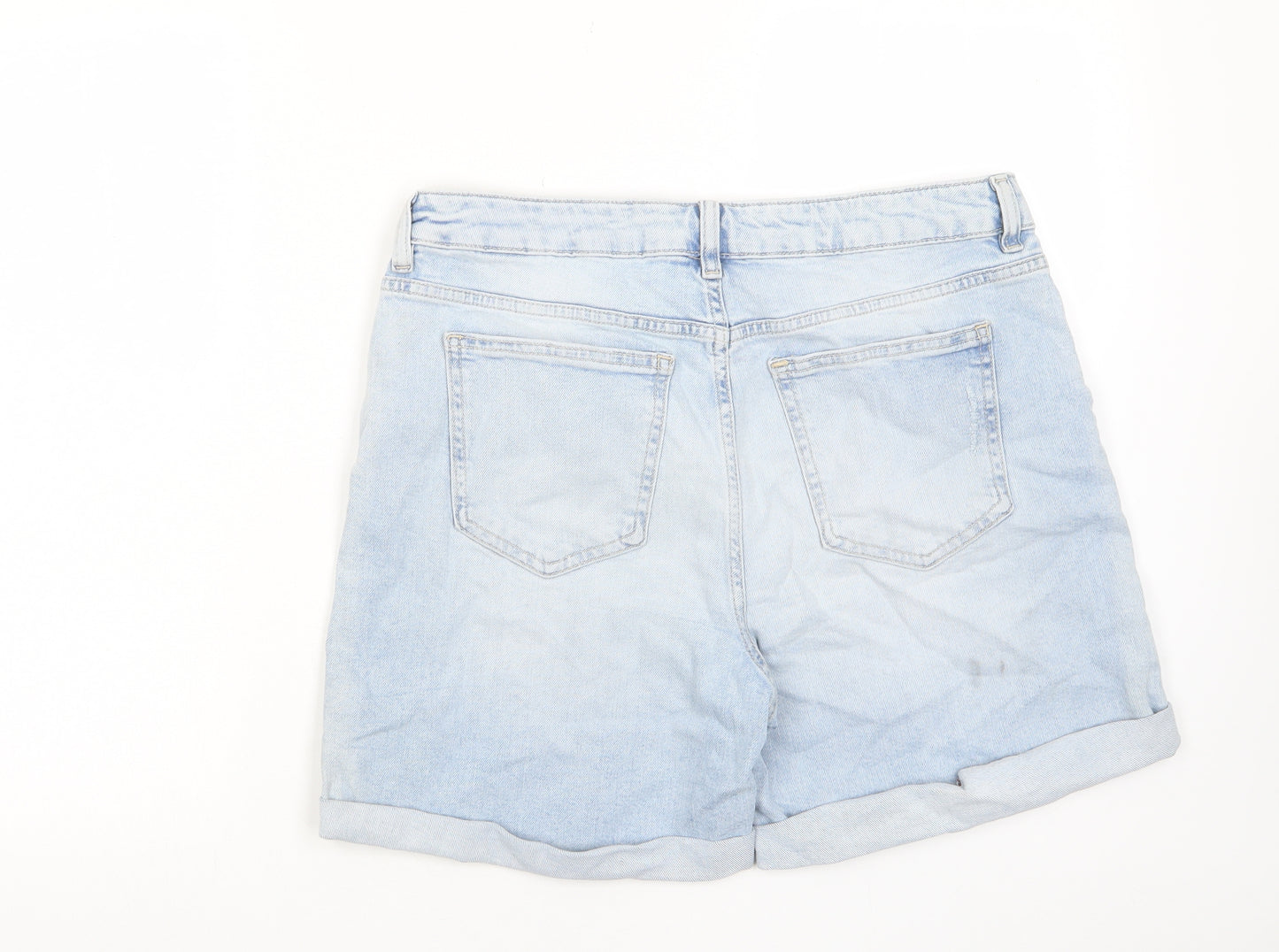 Marks and Spencer Womens Blue Cotton Bermuda Shorts Size 14 L4 in Regular Zip - Distressed, Pockets, Belt Loops