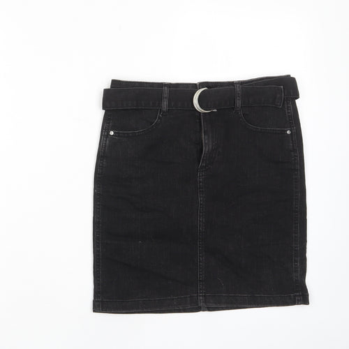 Denim & Co. Womens Black Cotton A-Line Skirt Size 10 Zip - Belted