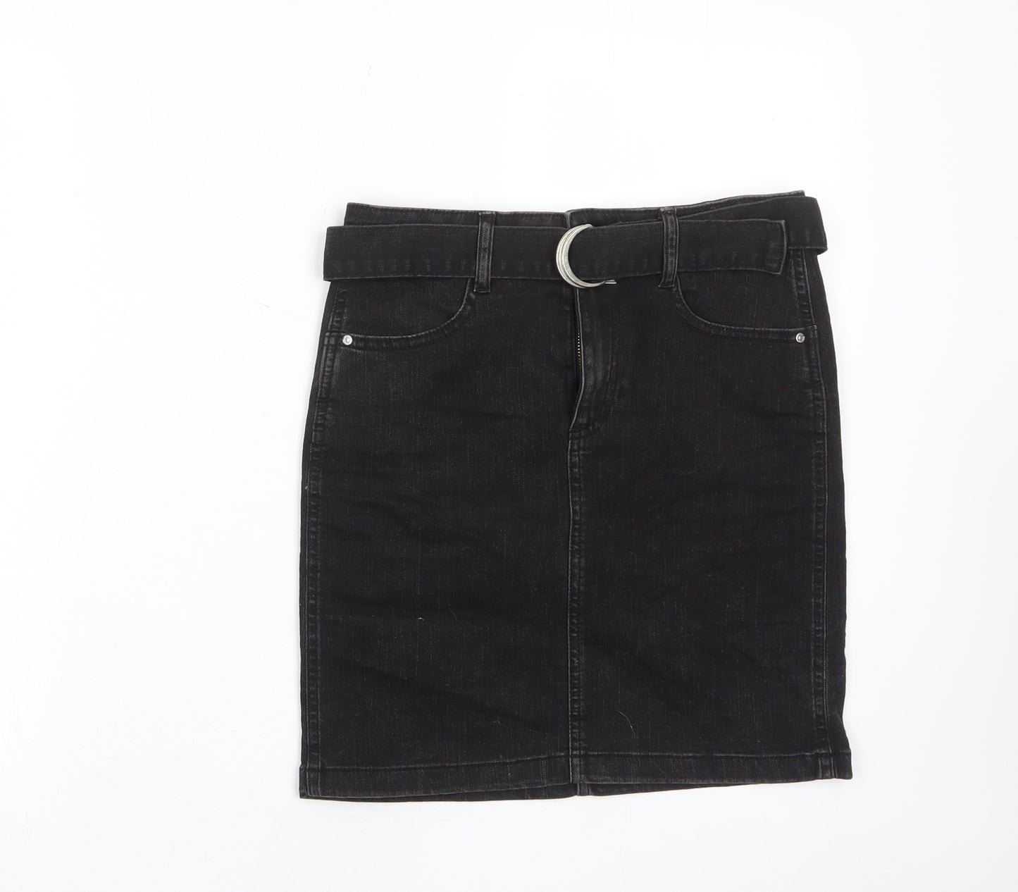 Denim & Co. Womens Black Cotton A-Line Skirt Size 10 Zip - Belted