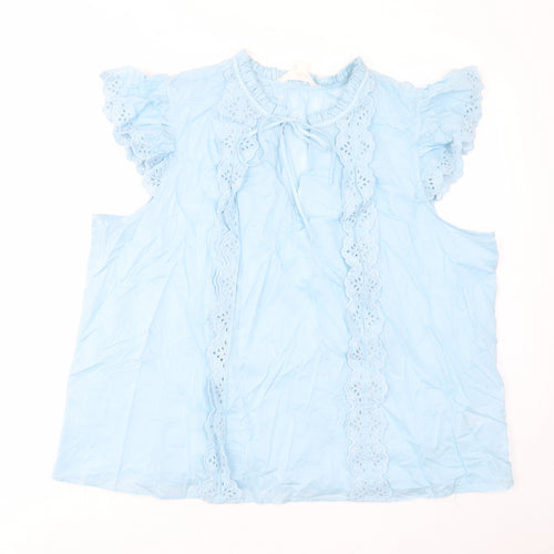 Per Una Womens Blue Cotton Basic T-Shirt Size 22 Crew Neck - Keyhole neck, Pleated, Embroided