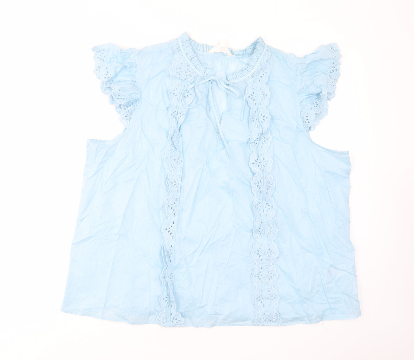 Per Una Womens Blue Cotton Basic T-Shirt Size 22 Crew Neck - Keyhole neck, Pleated, Embroided