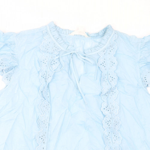 Per Una Womens Blue Cotton Basic T-Shirt Size 22 Crew Neck - Keyhole neck, Pleated, Embroided