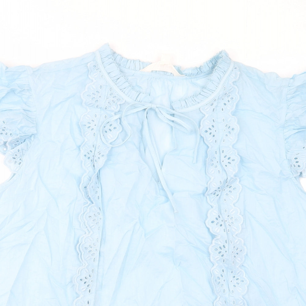 Per Una Womens Blue Cotton Basic T-Shirt Size 22 Crew Neck - Keyhole neck, Pleated, Embroided