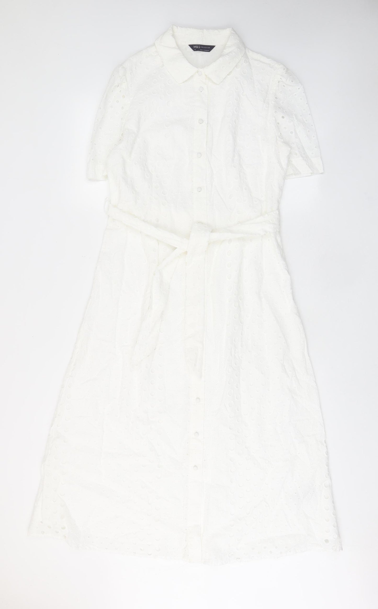Marks and Spencer Womens White Cotton Maxi Size 10 Collared Button - Embroided, Belted