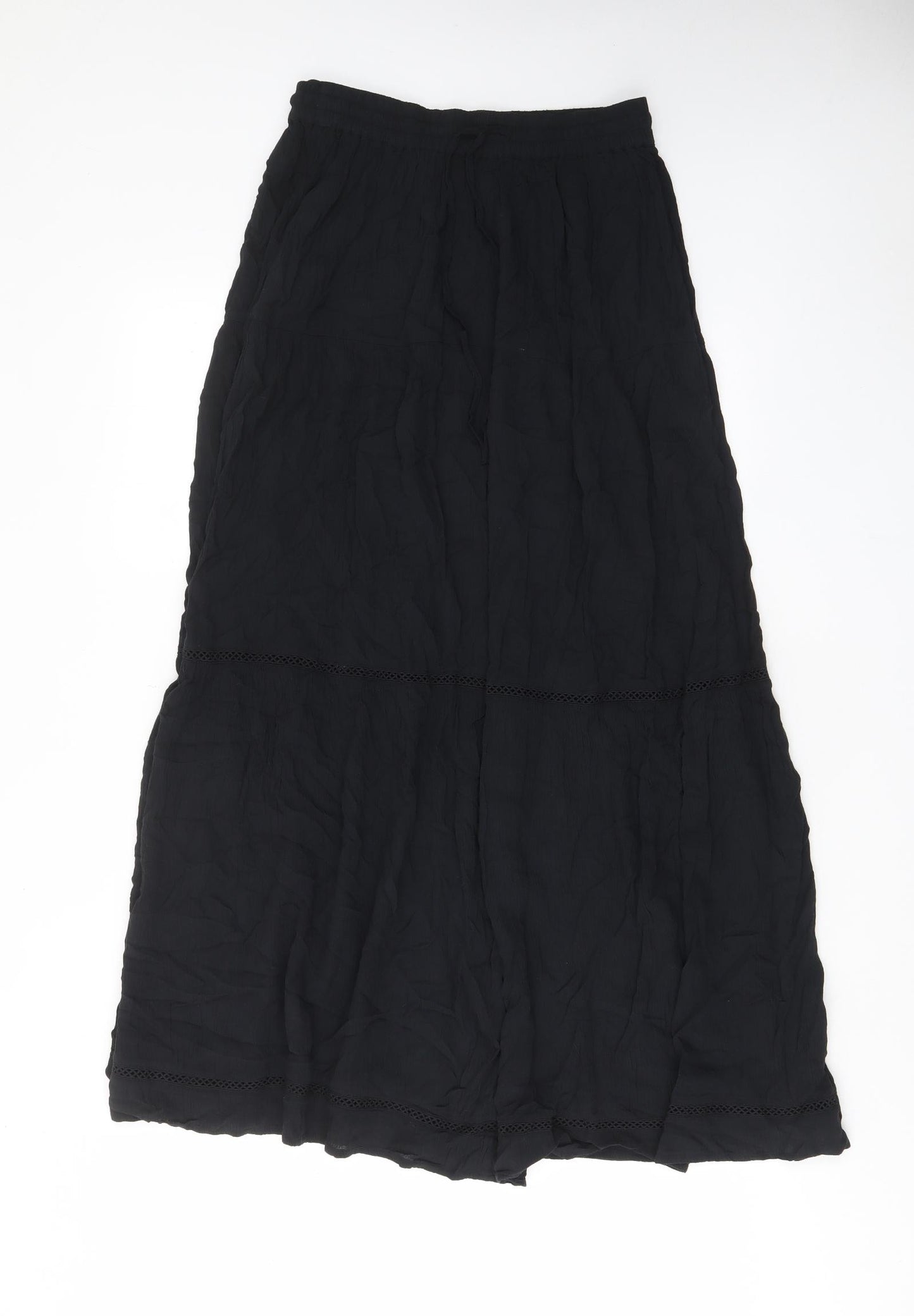 Marks and Spencer Womens Black Viscose A-Line Skirt Size 8 Drawstring - Embroided, Elastic waist