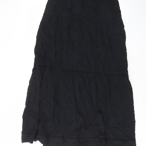 Marks and Spencer Womens Black Viscose A-Line Skirt Size 8 Drawstring - Embroided, Elastic waist