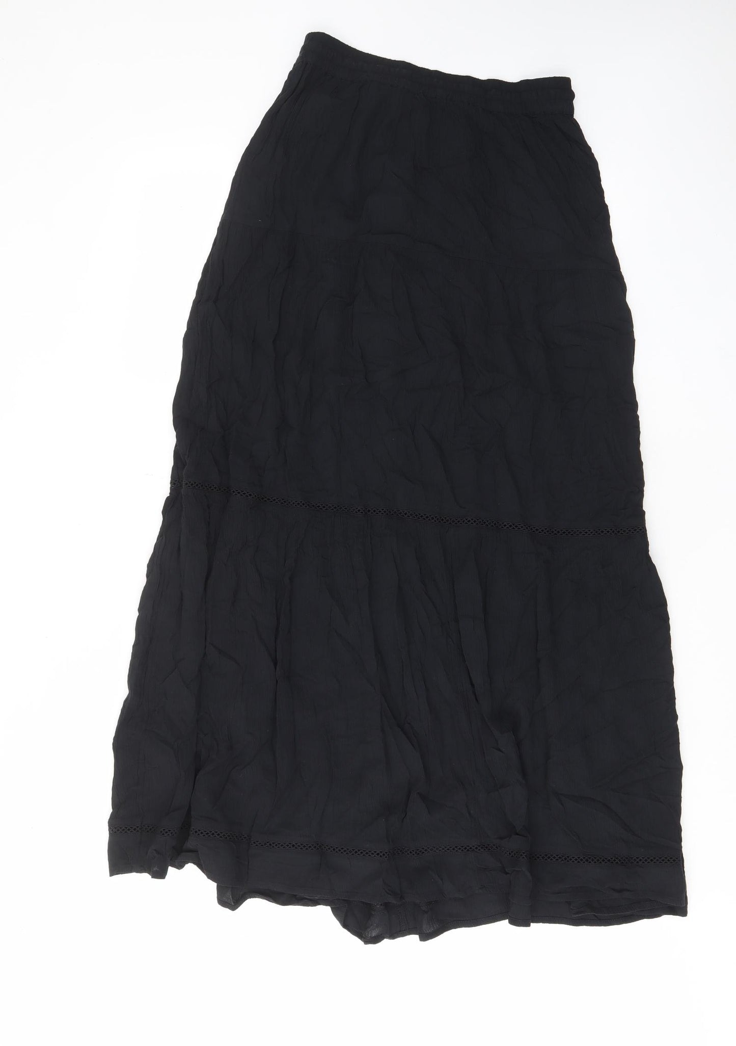 Marks and Spencer Womens Black Viscose A-Line Skirt Size 8 Drawstring - Embroided, Elastic waist