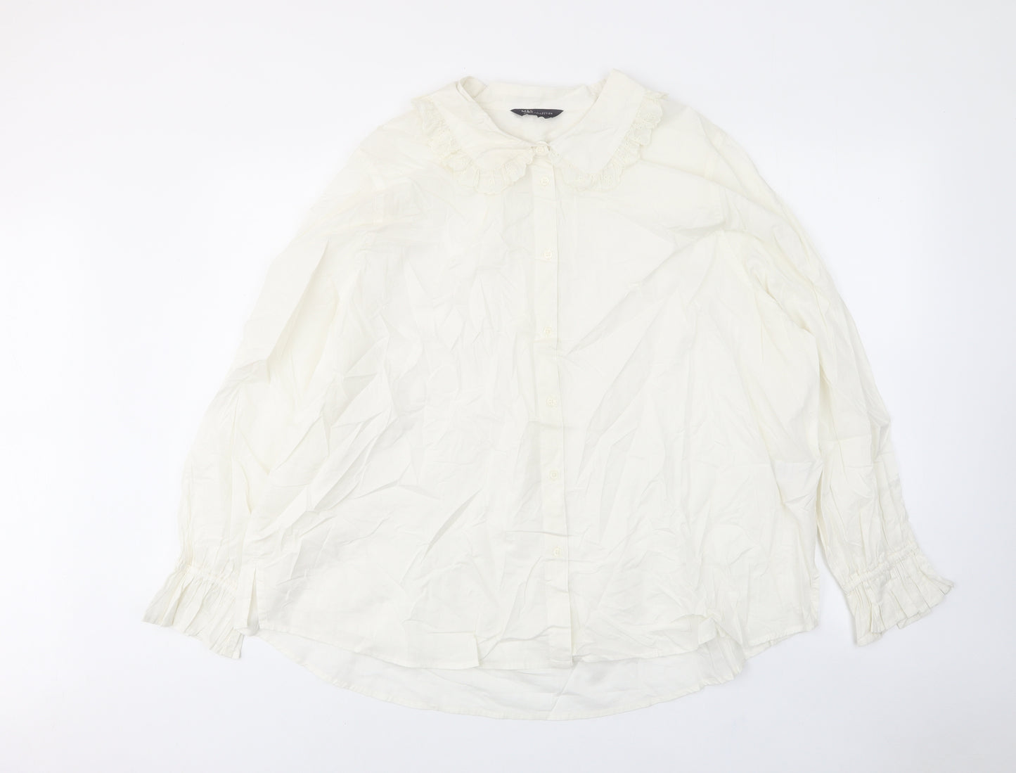 Marks and Spencer Womens White Cotton Basic Button-Up Size 24 Collared - Embroided, Pleated