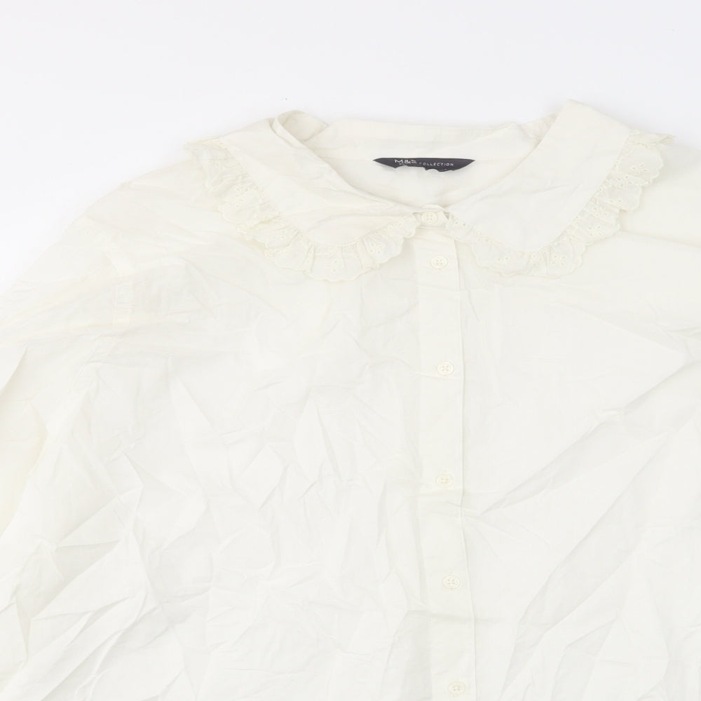 Marks and Spencer Womens White Cotton Basic Button-Up Size 24 Collared - Embroided, Pleated
