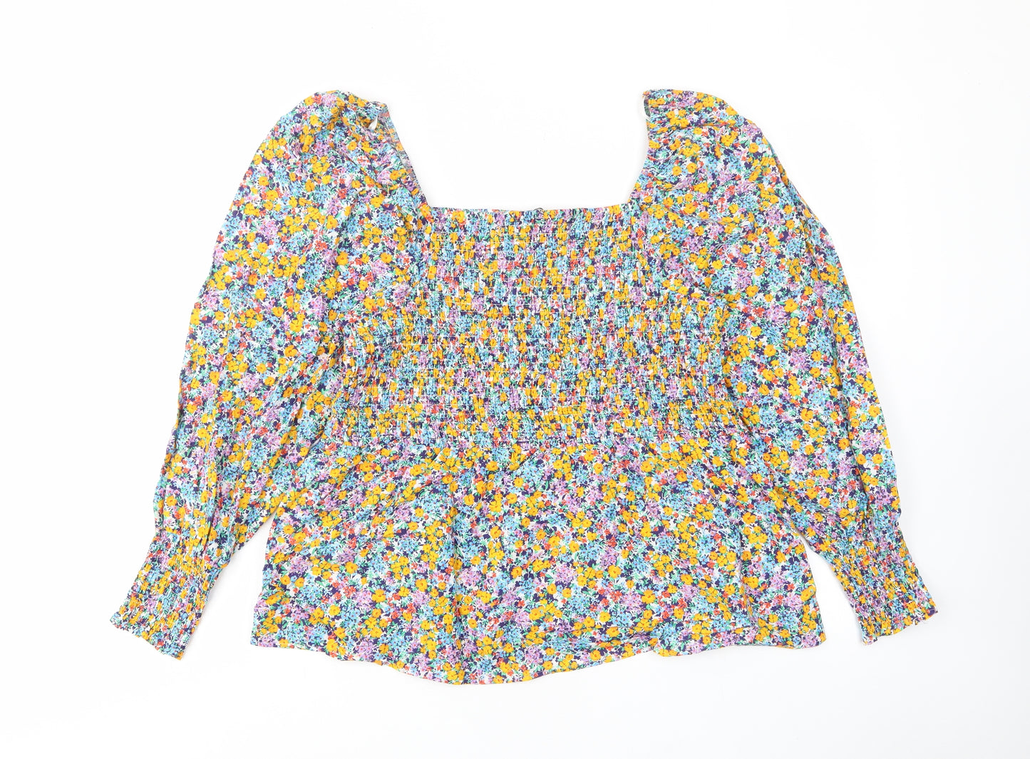 Marks and Spencer Womens Multicoloured Floral Cotton Basic Blouse Size 16 Scoop Neck - Stretch