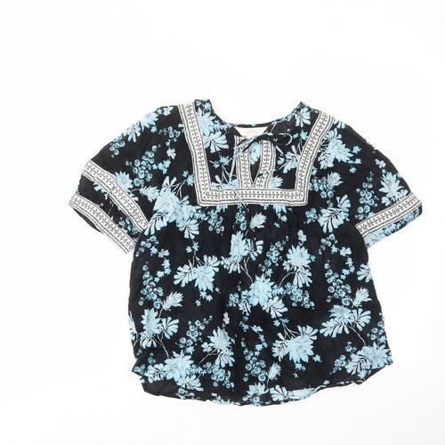 Per Una Womens Blue Floral Cotton Basic Blouse Size 6 Crew Neck - Keyhole neck, Embroided