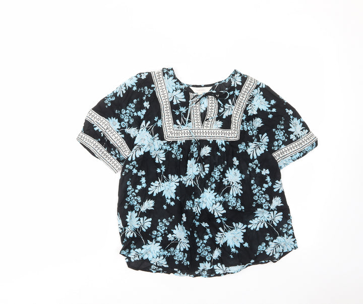 Per Una Womens Blue Floral Cotton Basic Blouse Size 6 Crew Neck - Keyhole neck, Embroided