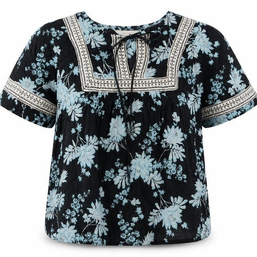 Per Una Womens Blue Floral Cotton Basic Blouse Size 6 Crew Neck - Keyhole neck, Embroided