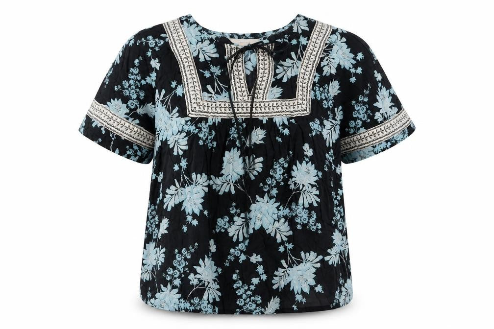 Per Una Womens Blue Floral Cotton Basic Blouse Size 6 Crew Neck - Keyhole neck, Embroided