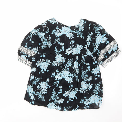 Per Una Womens Blue Floral Cotton Basic Blouse Size 6 Crew Neck - Keyhole neck, Embroided