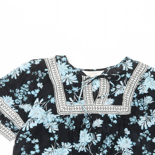 Per Una Womens Blue Floral Cotton Basic Blouse Size 6 Crew Neck - Keyhole neck, Embroided