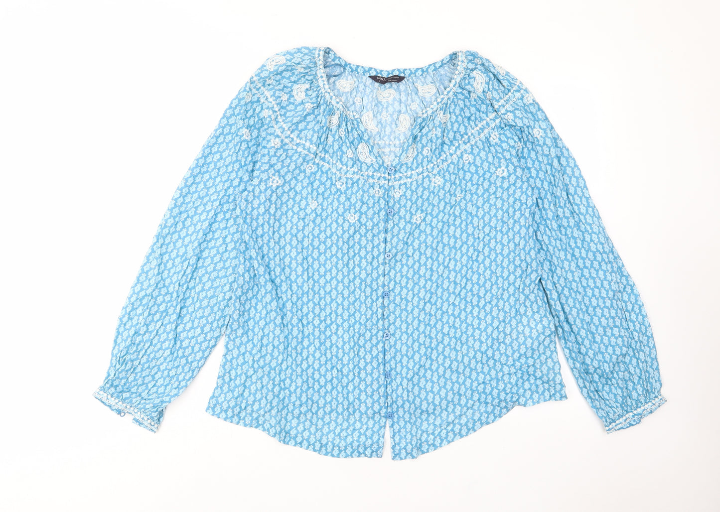 Marks and Spencer Womens Blue Geometric Cotton Basic Button-Up Size 6 V-Neck - Embroided