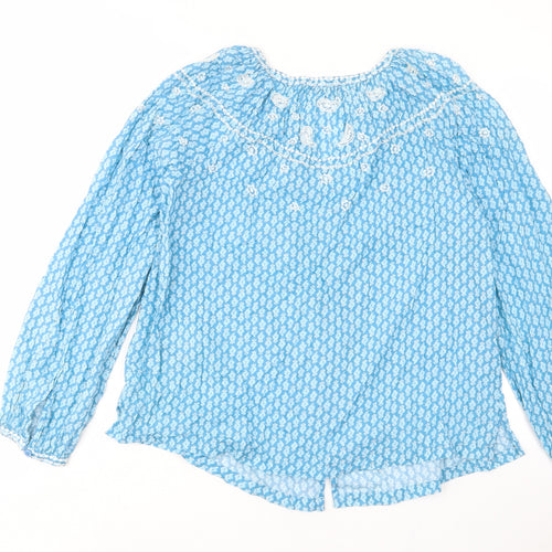 Marks and Spencer Womens Blue Geometric Cotton Basic Button-Up Size 6 V-Neck - Embroided
