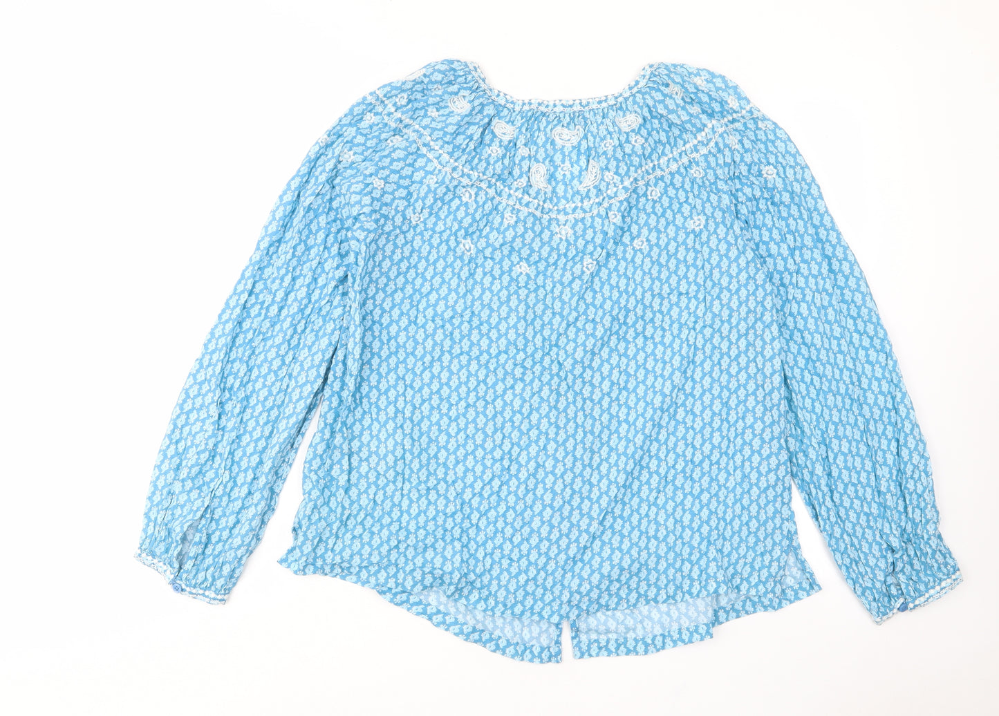 Marks and Spencer Womens Blue Geometric Cotton Basic Button-Up Size 6 V-Neck - Embroided