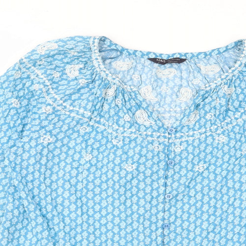 Marks and Spencer Womens Blue Geometric Cotton Basic Button-Up Size 6 V-Neck - Embroided