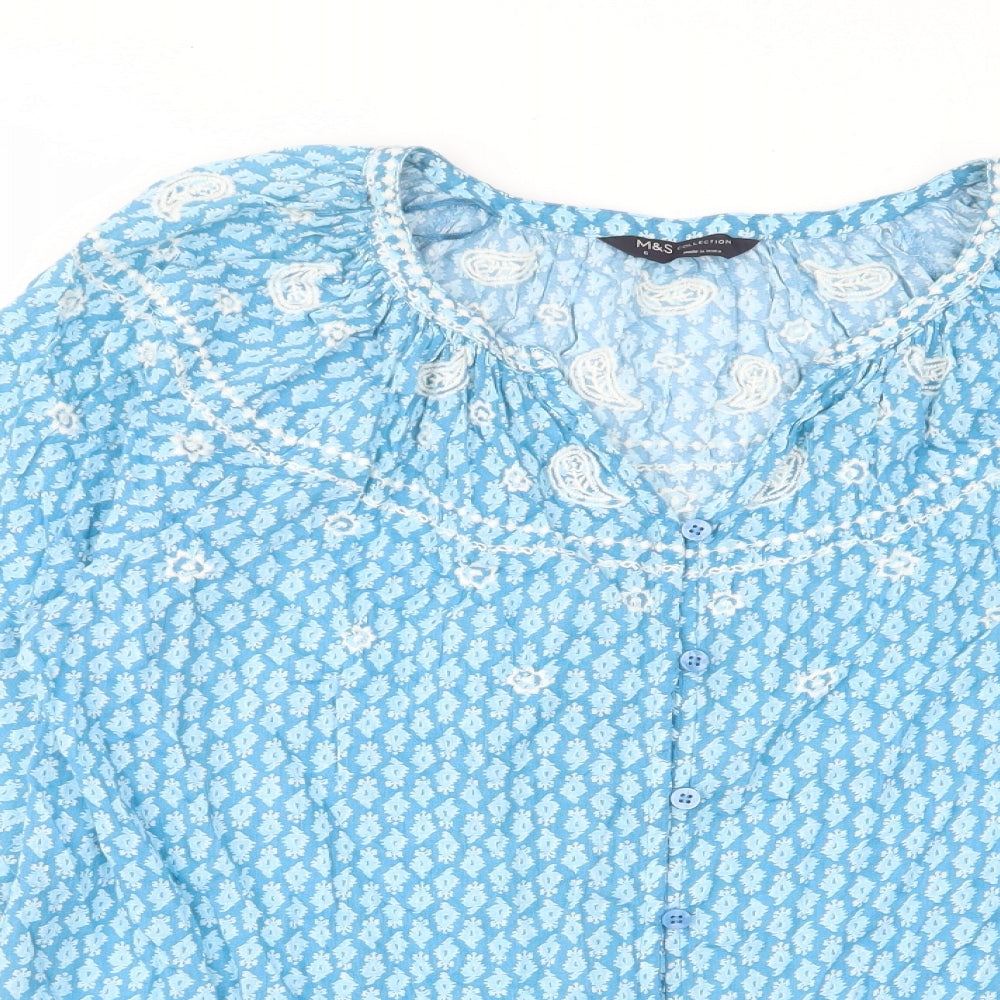 Marks and Spencer Womens Blue Geometric Cotton Basic Button-Up Size 6 V-Neck - Embroided