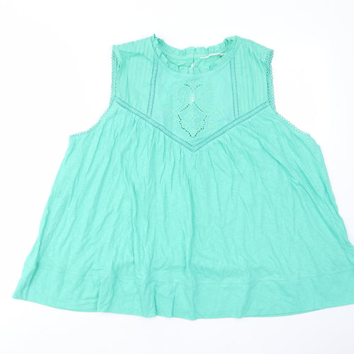 Per Una Womens Green Cotton Basic Tank Size 18 Crew Neck - Embroided, Frill, Pleated