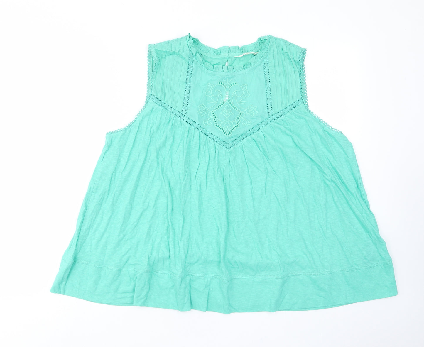 Per Una Womens Green Cotton Basic Tank Size 18 Crew Neck - Embroided, Frill, Pleated