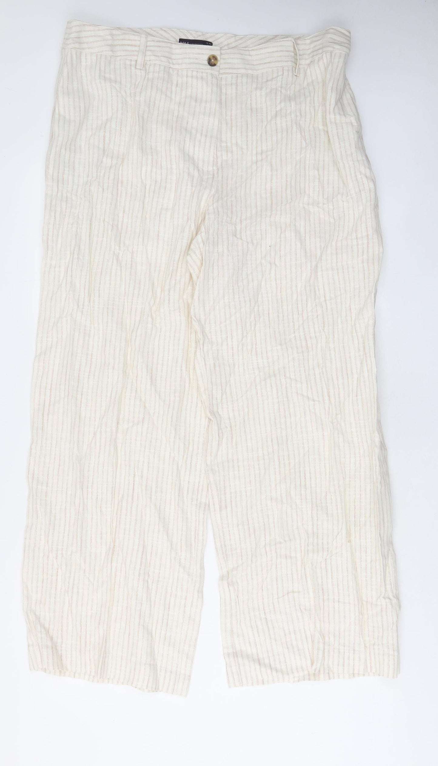 Marks and Spencer Womens Beige Striped Linen Trousers Size 18 L30 in Regular Zip - Pockets, Belt Loops