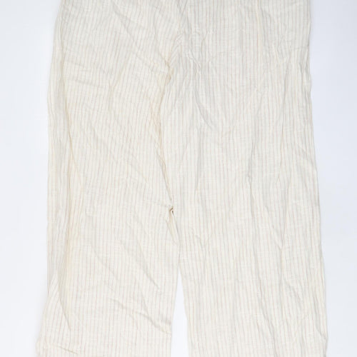 Marks and Spencer Womens Beige Striped Linen Trousers Size 18 L30 in Regular Zip - Pockets, Belt Loops
