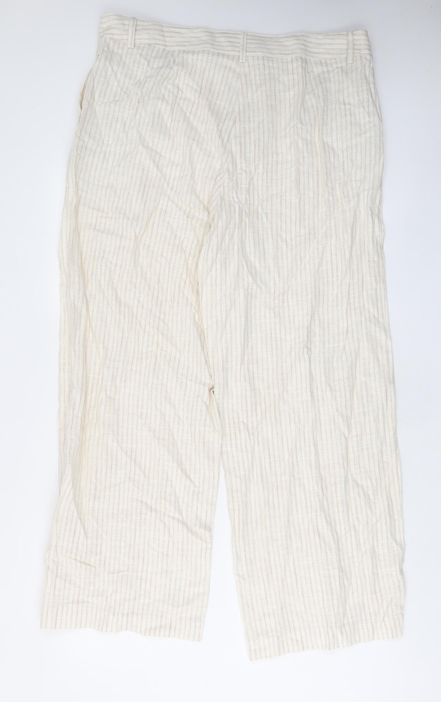 Marks and Spencer Womens Beige Striped Linen Trousers Size 18 L30 in Regular Zip - Pockets, Belt Loops