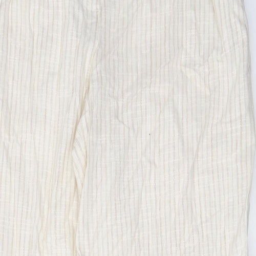Marks and Spencer Womens Beige Striped Linen Trousers Size 18 L30 in Regular Zip - Pockets, Belt Loops
