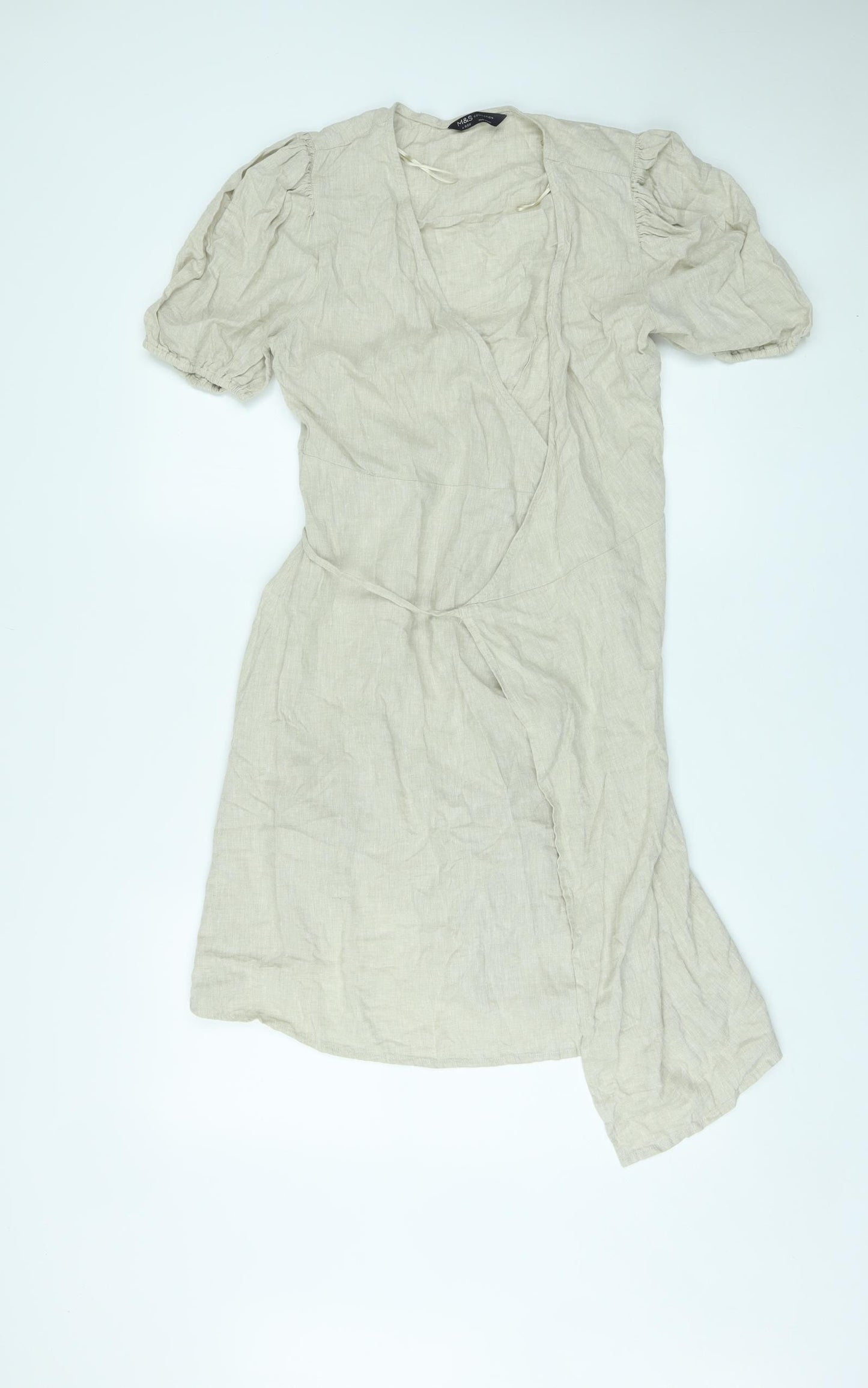 Marks and Spencer Womens Green Linen Wrap Dress Size 6 V-Neck Tie