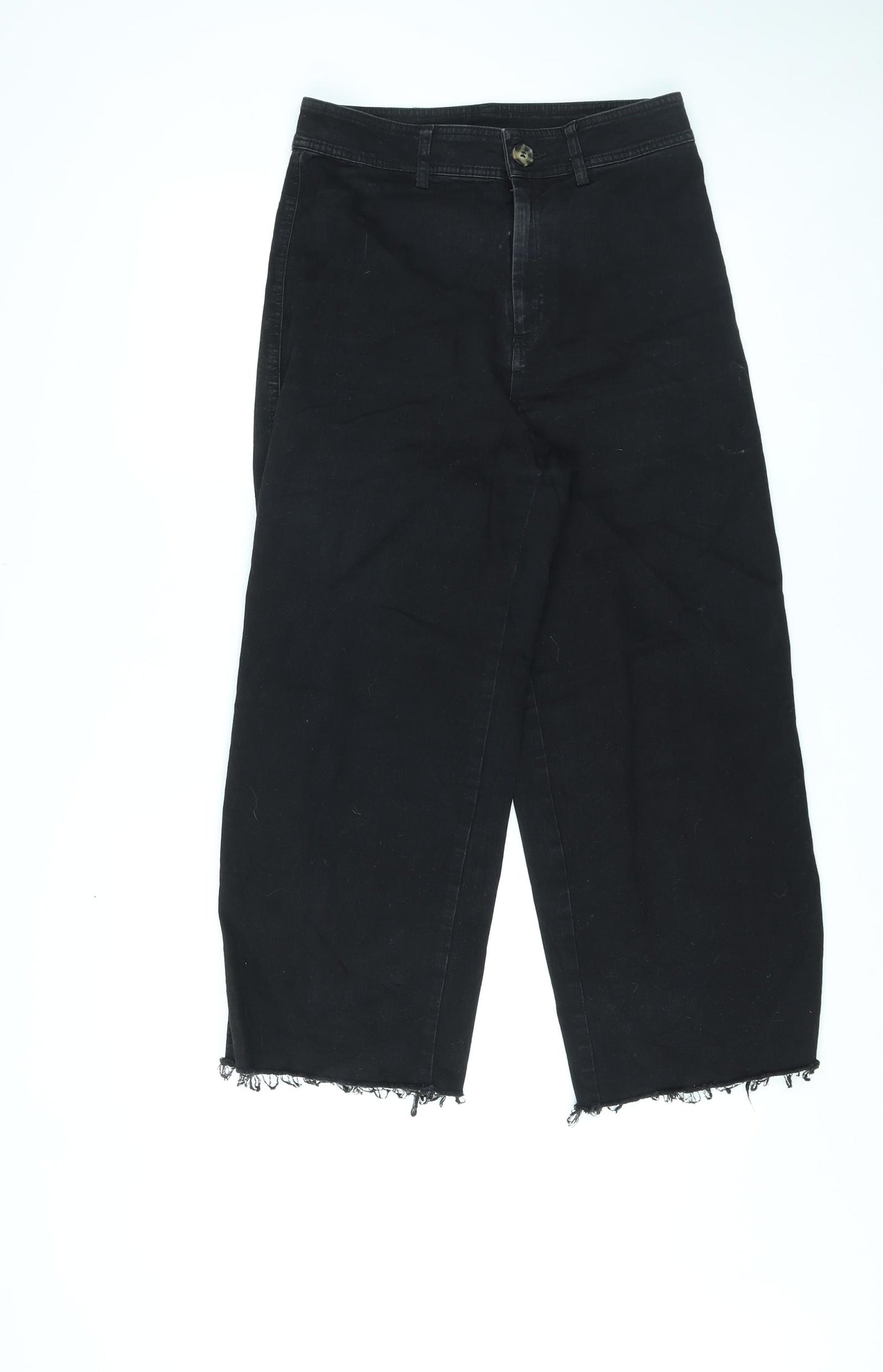 H&M Womens Black Cotton Straight Jeans Size 12 L24 in Regular Zip - Raw Hems