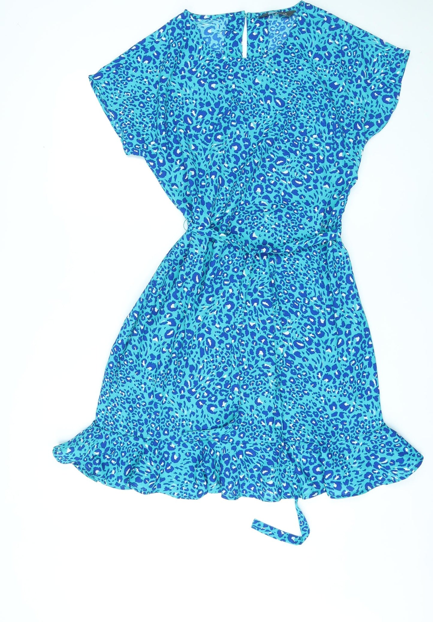 Sosandar Womens Blue Animal Print Polyester A-Line Size 12 Round Neck Zip - Leopard Print, Belted