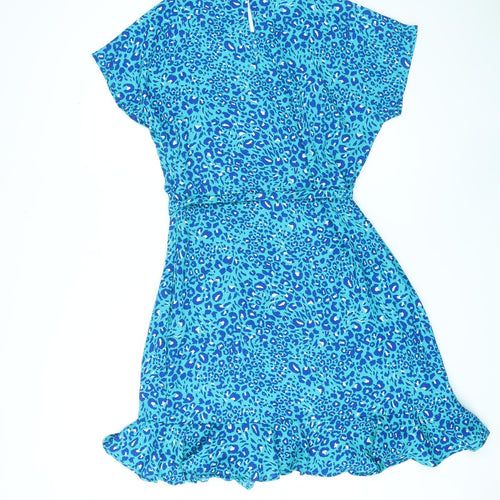 Sosandar Womens Blue Animal Print Polyester A-Line Size 12 Round Neck Zip - Leopard Print, Belted