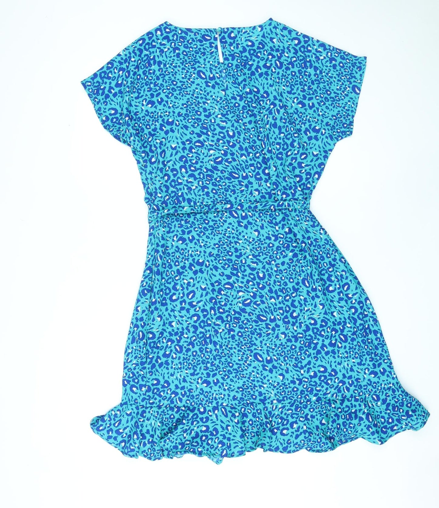 Sosandar Womens Blue Animal Print Polyester A-Line Size 12 Round Neck Zip - Leopard Print, Belted