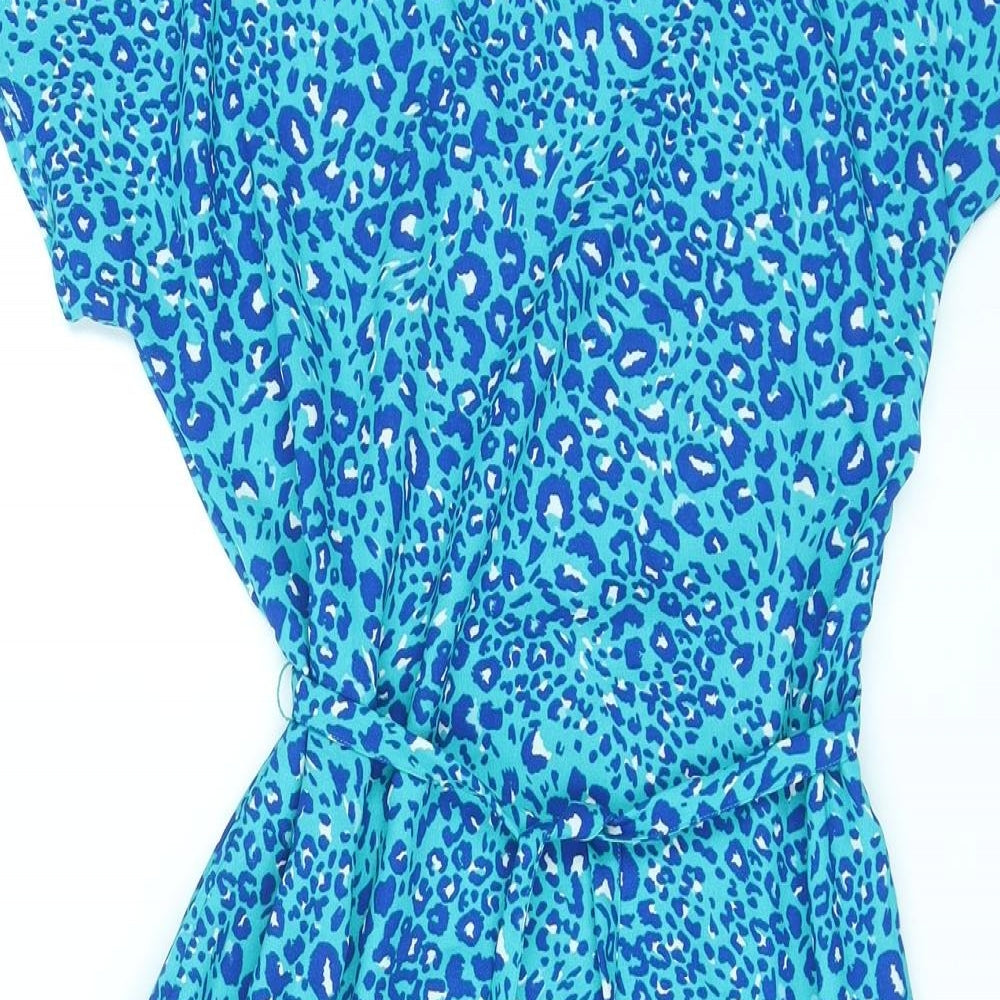 Sosandar Womens Blue Animal Print Polyester A-Line Size 12 Round Neck Zip - Leopard Print, Belted