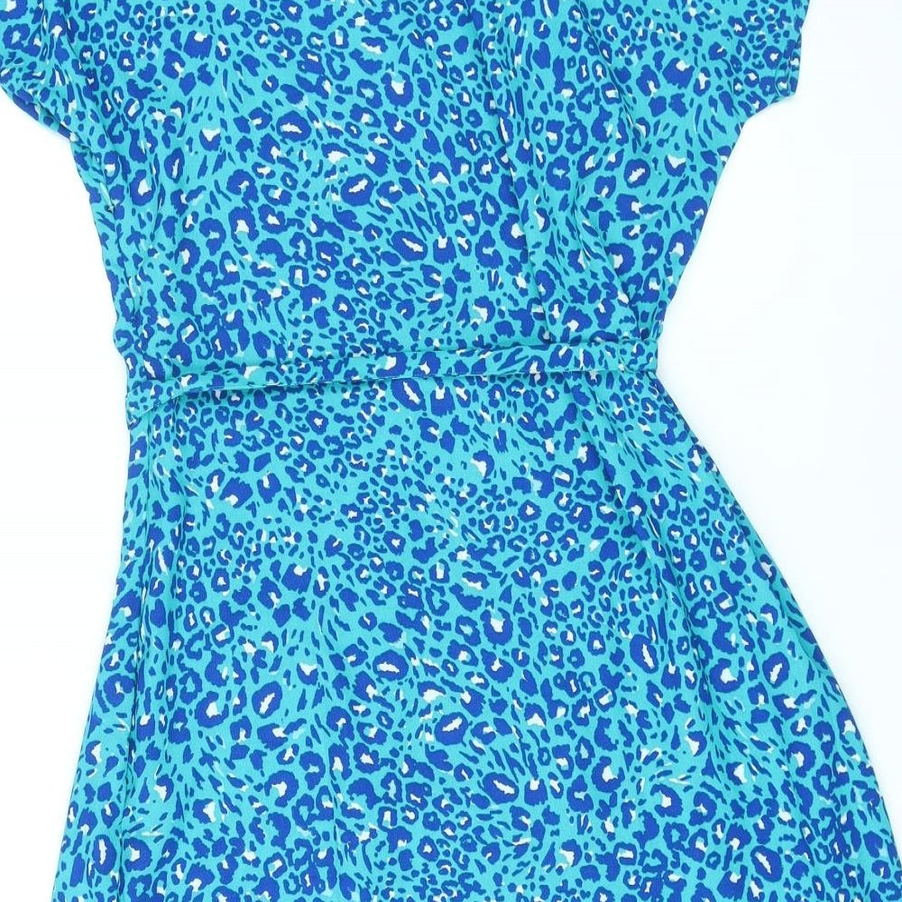 Sosandar Womens Blue Animal Print Polyester A-Line Size 12 Round Neck Zip - Leopard Print, Belted