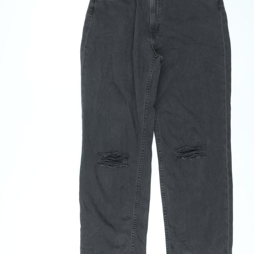 H&M Girls Black Cotton Straight Jeans Size 14 Years L28 in Regular Zip - Adjustable Waist, Distressed